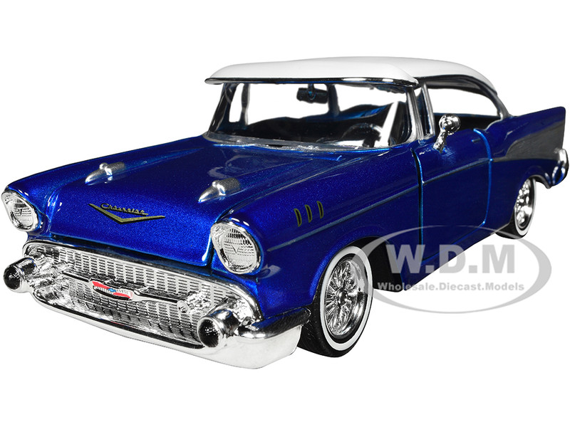 1957 Chevrolet Bel Air Lowrider Candy Blue with White Top Get Low Series 1/24 Diecast Model Car Motormax 79030bl