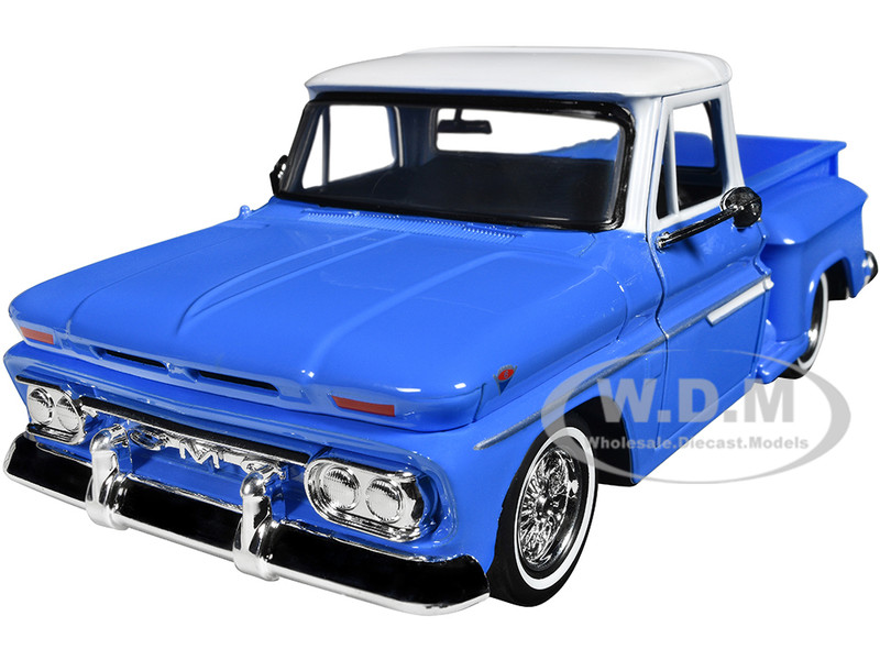 1966 GMC C1000 Fenderside Pickup Truck Lowrider Blue with White Top Get Low Series 1/24 Diecast Model Car Motormax 79035bl