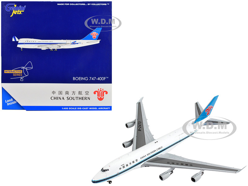 Boeing 747 400F Commercial Aircraft China Southern Cargo White with Black Stripes and Blue Tail Interactive Series 1/400 Diecast Model Airplane GeminiJets GJ2065