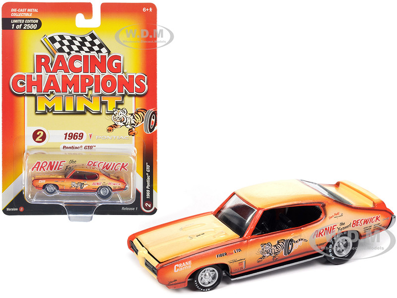 1969 Pontiac GTO Orange and Cream Fade with Graphics Arnie The Farmer Beswick Racing Champions Mint 2023 Release 1 Limited Edition to 2500 pieces Worldwide 1/64 Diecast Model Car Racing Champions RC016-RCSP029B