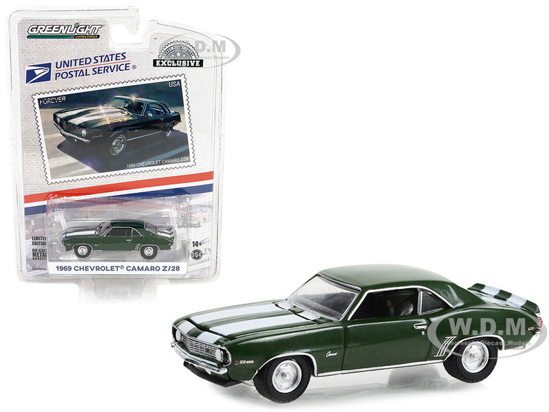 1969 Chevrolet Camaro Z 28 Green Metallic with White Stripes USPS United States Postal Service 2022 Pony Car Stamp Collection by Artist Tom Fritz Hobby Exclusive Series 1/64 Diecast Model Car Greenlight 30372