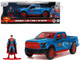 2017 Ford F 150 Raptor Pickup Truck Blue Metallic and Red with Red Interior and Superman Diecast Figure DC s Superman Hollywood Rides Series 1/32 Diecast Model Car Jada 33092
