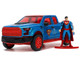 2017 Ford F 150 Raptor Pickup Truck Blue Metallic and Red with Red Interior and Superman Diecast Figure DC s Superman Hollywood Rides Series 1/32 Diecast Model Car Jada 33092