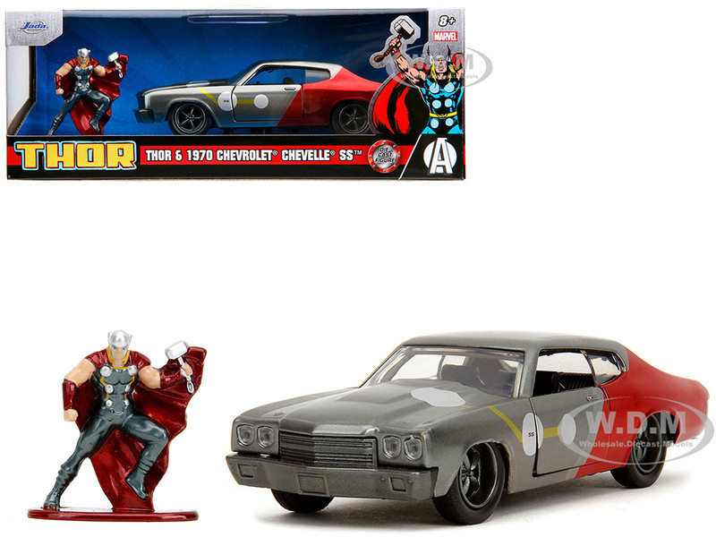 1970 Chevrolet Chevelle SS Gray Metallic and Red Metallic with Black Hood and Thor Diecast Figure The Avengers Hollywood Rides Series 1/32 Diecast Model Car Jada 34476