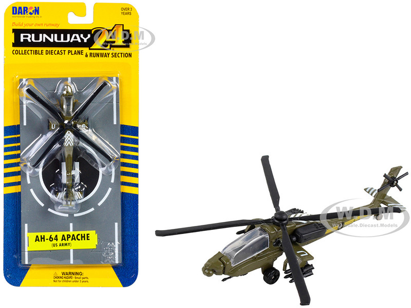 Boeing AH 64 Apache Helicopter Olive Drab United States Army with Runway Section Diecast Model Runway24 RW010