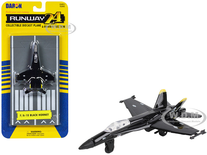 McDonnell Douglas F A 18 Hornet Fighter Aircraft Black United States Navy with Runway Section Diecast Model Airplane Runway24 RW140