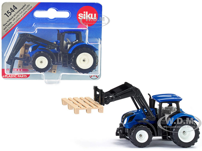 New Holland T7 315 Tractor with Pallet Fork and Pallet Blue and Black Diecast Model Siku 1544