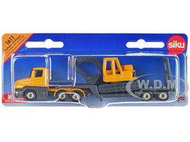 Truck with Low Loader Trailer and Excavator Yellow Diecast Model Siku 1611