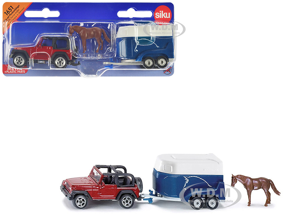 Jeep Red with Horse Trailer Blue and Horse Accessory Diecast Model