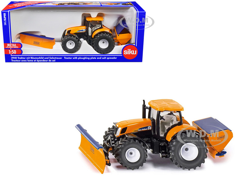 New Holland T7070 Tractor with Ploughing Plate and Salt Spreader Yellow 1/50 Diecast Model Siku 2940