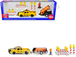 Ram 1500 Pickup Truck Yellow with Compressor Trailer and Worker Figure with Accessories Set 1/50 Diecast Models Siku 3505