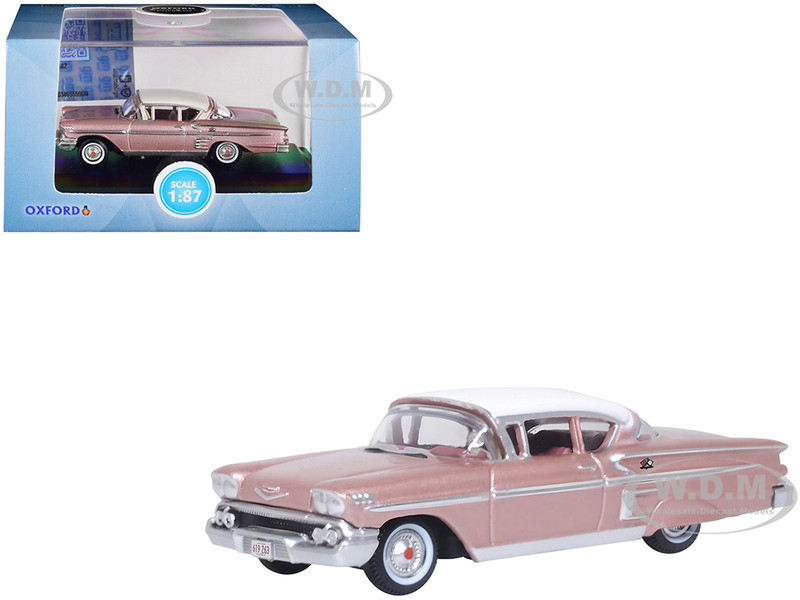 1958 Chevrolet Impala Sport Cay Coral Pink Metallic with White Top 1/87 HO Scale Diecast Model Car Oxford Diecast 87CIS58001