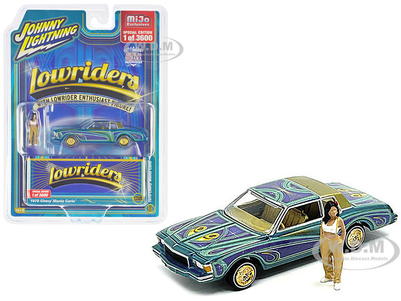 1978 Chevrolet Monte Carlo Lowrider Blue Metallic with Graphics and Gold Metallic Interior with Diecast Figure Limited Edition to 3600 pieces Worldwide 1/64 Diecast Model Car Johnny Lightning JLCP7458