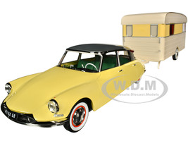 1960 Citroen DS 19 Jonquille Yellow with Silver Top and Caravan Digue Panoramic Trailer Beige 1/18 Diecast Model Car Norev 181762