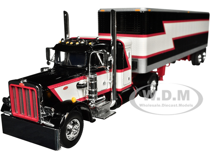 Peterbilt 359 with 36 Flat Top Sleeper and 40 Vintage Dry Goods Trailer Black with Cream and Red Stripes 1/64 Diecast Model DCP/First Gear 60-1683
