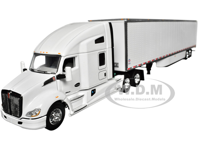 Kenworth T680 with 76 High Roof Sleeper and 53 Smooth Sided Dry Goods Trailer White 1/64 Diecast Model DCP/First Gear 60-1762