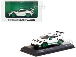 Porsche 911 992 GT3 RS White with Green Stripes and Wheels Limited Edition to 999 pieces Worldwide 1/64 Diecast Model Car Minichamps & Tarmac Works 643062104