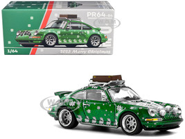 Singer 964 Green Metallic with Graphics 2023 Merry Christmas with Luggage on Roof Rack 1/64 Diecast Model Car Pop Race PR640084