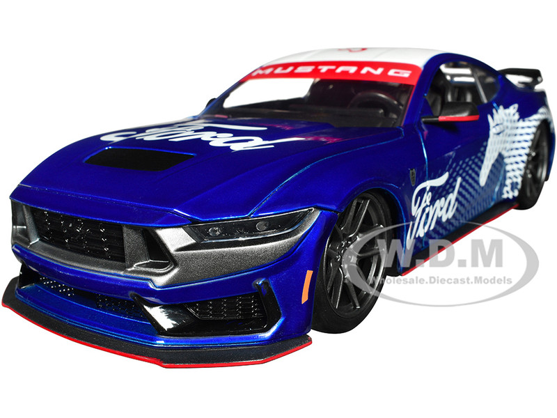 2024 Ford Mustang Dark House Candy Blue with White Top and Mustang Horse Graphics Bigtime Muscle Series 1/24 Diecast Model Car Jada 35419
