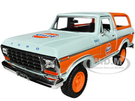 1978 Ford Bronco Light Blue and Orange Gulf Oil Gulf Die Cast Collection 1/24 Diecast Model Car Motormax 79662GULF