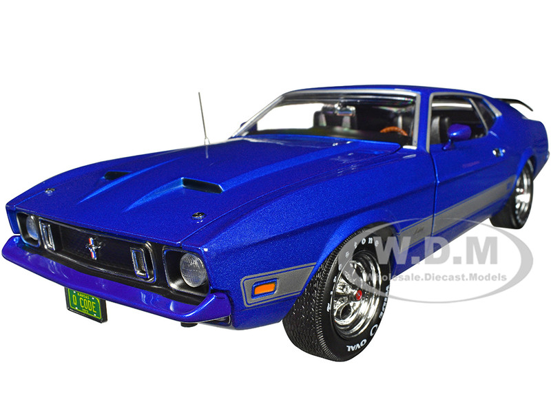 1973 Ford Mustang Mach 1 3K Blue Glow Metallic with Silver Stripes Class of 1973 American Muscle Series 1/18 Diecast Model Car Auto World AMM1323