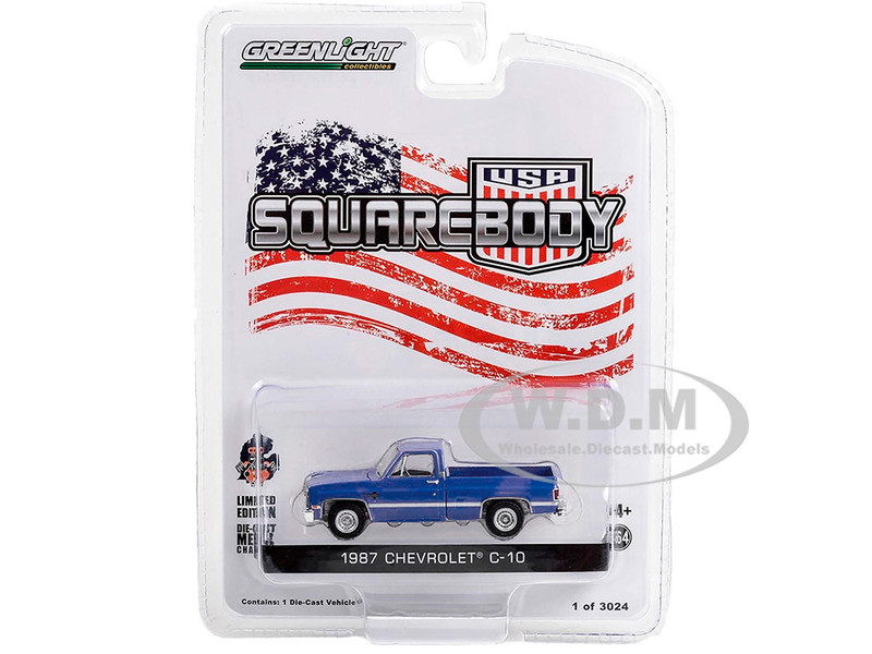 1987 Chevrolet C 10 Pickup Truck Blue Squarebody USA Limited Edition to 3024 pieces Worldwide 1/64 Diecast Model Car Greenlight 51489