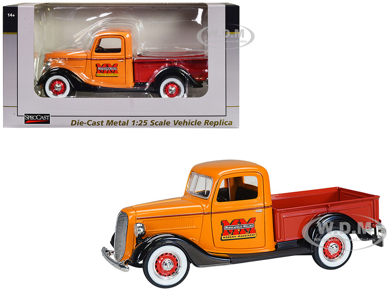 1937 Ford Pickup Truck Minneapolis Moline Orange with Red Truck Bed and Black Fenders 1/25 Diecast Model Car SpecCast SCT928
