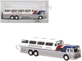 1956 GMC PD 4501 Scenicruiser Bus Silver and White with Blue and Red Stripes Greyhound 1/87 HO Scale Model Car Brekina BRE61303