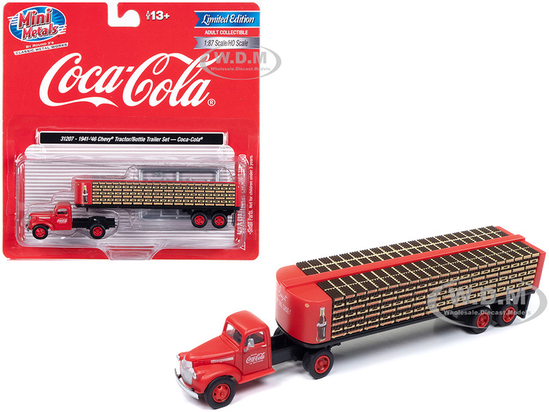 1941 1946 Chevrolet Tractor Red with Flatbed Bottle Trailer Coca Cola Mini Metals Series 1/87 HO Scale Model Car Classic Metal Works CMW31207