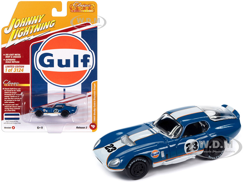 1965 Shelby Cobra Daytona Coupe #23 Dark Blue with White and Orange Stripes Gulf Oil Classic Gold Collection 2023 Release 2 Limited Edition to 3124 pieces Worldwide 1/64 Diecast Model Car Johnny Lightning JLCG032-JLSP356B