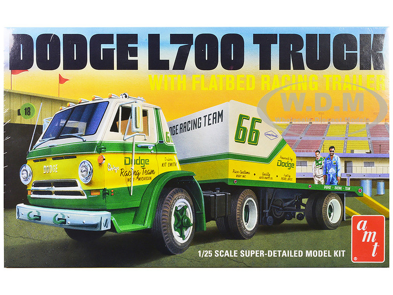 Skill 3 Model Kit 1966 Dodge L700 Truck with Flatbed Racing Trailer 1/25 Scale Model AMT AMT1368
