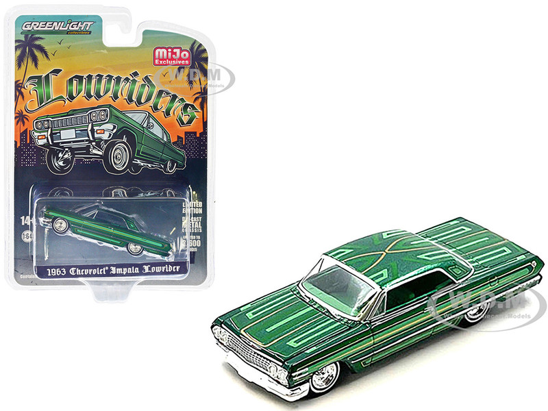 1963 Chevrolet Impala Lowrider Green Metallic with Graphics and Green Interior Lowriders Series Limited Edition to 3600 pieces Worldwide 1/64 Diecast Model Car Greenlight 51552