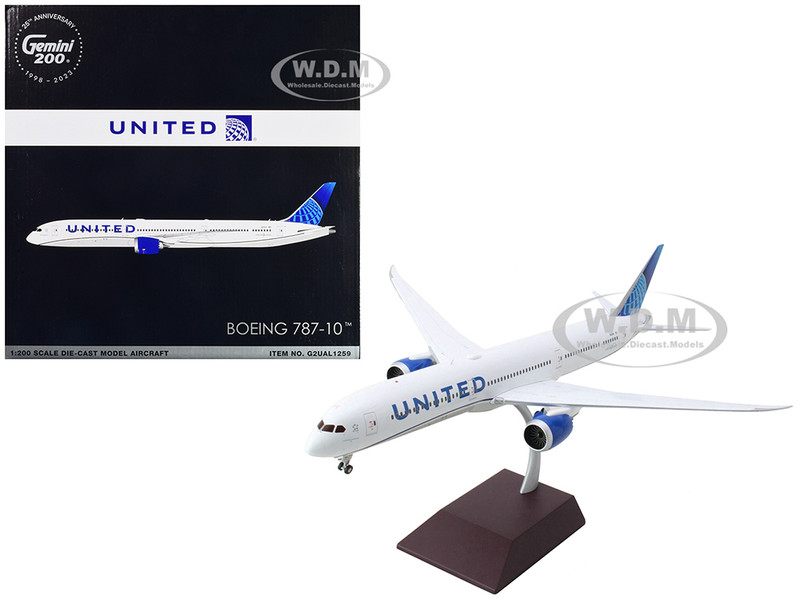 Boeing 787 10 Commercial Aircraft United Airlines White with Blue Tail Gemini 200 Series 1/200 Diecast Model Airplane GeminiJets G2UAL1259