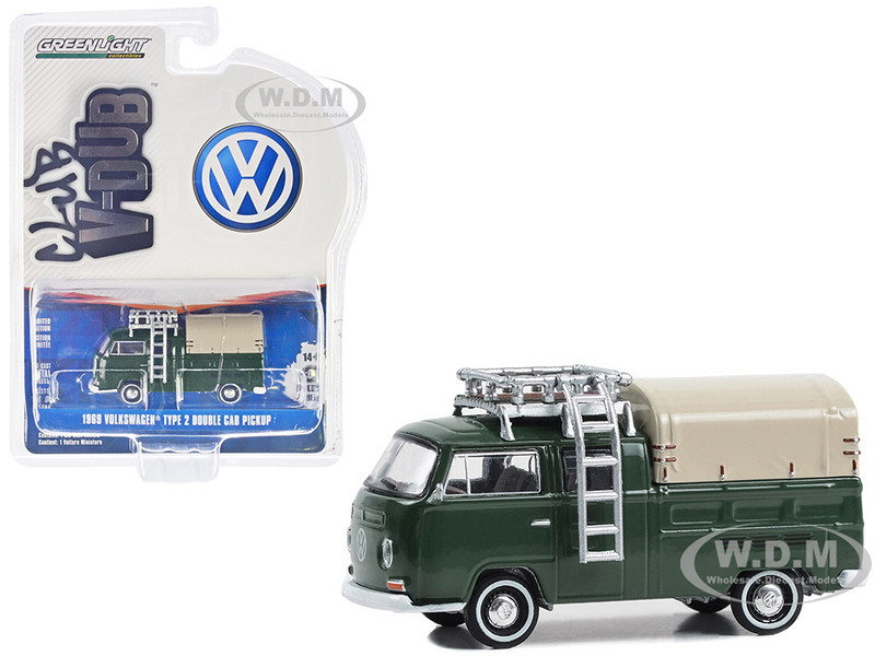 1969 Volkswagen Type 2 Double Cab Pickup Truck Delta Green with Tan Camper Shell Club Vee Dub Series 18 1/64 Diecast Model Car Greenlight 36090C