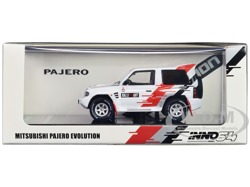 Mitsubishi Pajero Evolution RHD Right Hand Drive White with Graphics Ralliart 1/64 Diecast Model Car Inno Models IN64-EVOP-RAWHI
