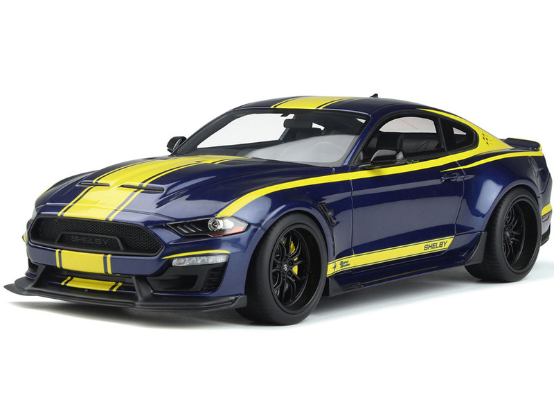 2021 Shelby Mustang Super Snake Coupe Blue Metallic with Yellow Stripes 1/18 Model Car GT Spirit GT871