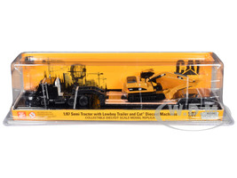Kenworth T880 SBFS Sleeper Tandem Tractor Black with Lowboy Trailer and CAT 320D L Hydraulic Excavator Yellow 1/87 HO Diecast Model Diecast Masters 84420