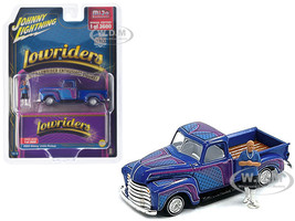1950 Chevrolet 3100 Pickup Truck Lowrider Blue with Graphics and Diecast Figure Limited Edition to 3600 pieces Worldwide 1/64 Diecast Model Car Johnny Lightning JLCP7457