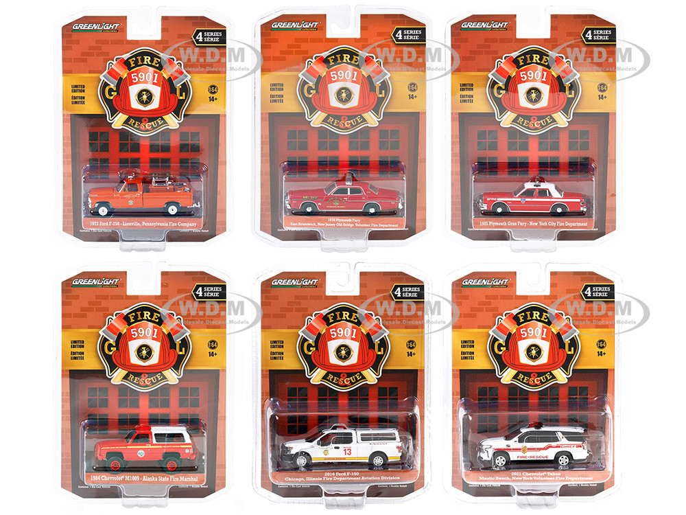 Fire u0026 Rescue Set of 6 pieces Series 4 1/64 Diecast Model Car Greenlight  67050SET