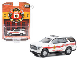 2021 Chevrolet Tahoe White with Red Stripes Mastic Beach Fire Rescue Chief Mastic Beach Long Island New York Fire & Rescue Series 4 1/64 Diecast Model Car Greenlight 67050F