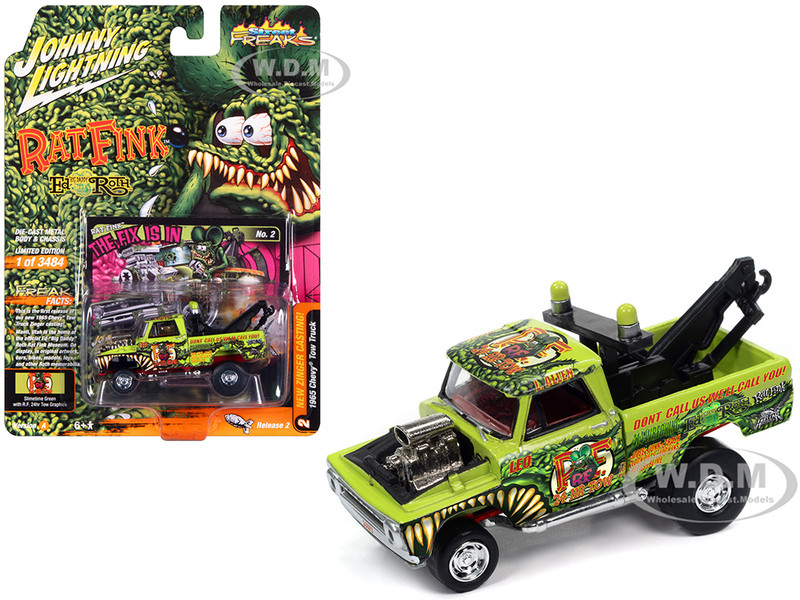 1965 Chevrolet Tow Truck Rat Fink The Fix Is In Showtime Green with Rat Fink Graphics Zingers Limited Edition to 3484 pieces Worldwide Street Freaks Series 1/64 Diecast Model Car Johnny Lightning JLSF026-JLSP360A