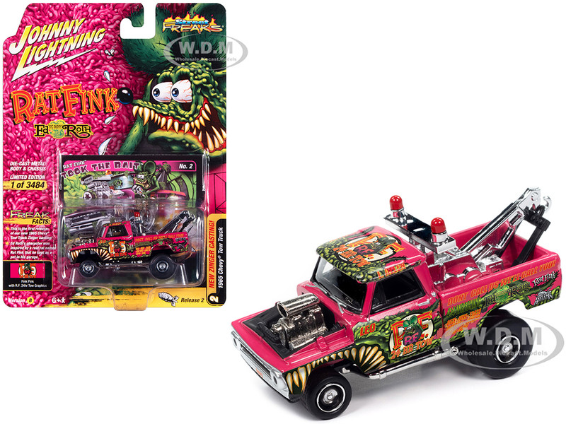 1965 Chevrolet Tow Truck Rat Fink Took the Bait Fink Pink with Rat Fink Graphics Zingers Limited Edition to 3484 pieces Worldwide Street Freaks Series 1/64 Diecast Model Car Johnny Lightning JLSF026-JLSP360B