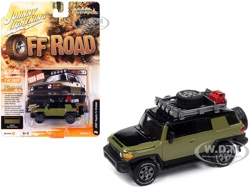 2007 Toyota FJ Cruiser Furlough the Four High Olive Green with Black Hood and Top and Roof Rack Off Road Limited Edition to 3028 pieces Worldwide Street Freaks Series 1/64 Diecast Model Car Johnny Lightning JLSF026-JLSP361A