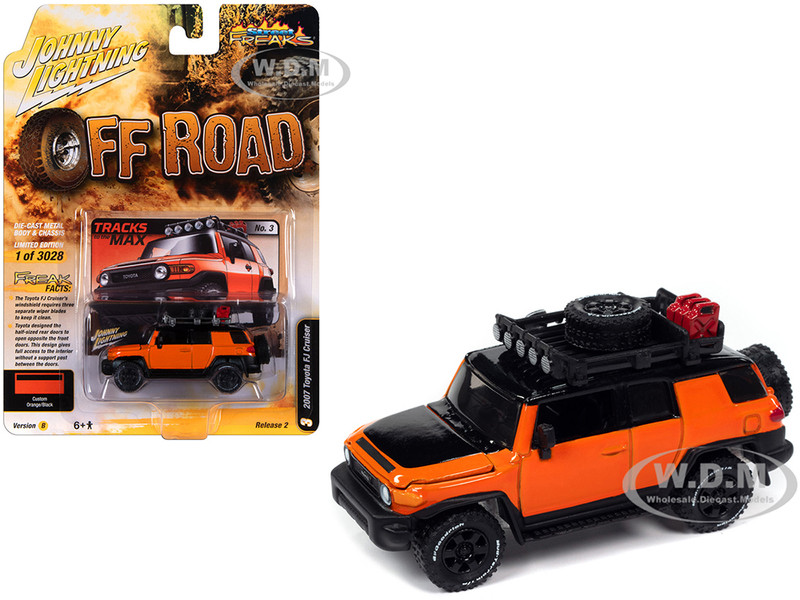 2007 Toyota FJ Cruiser Tracks to the Max Orange with Black Hood and Top and Roof Rack Off Road Limited Edition to 3028 pieces Worldwide Street Freaks Series 1/64 Diecast Model Car Johnny Lightning JLSF026-JLSP361B