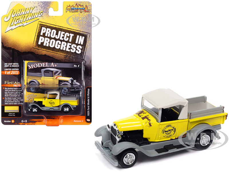 1929 Ford Model A Pickup Truck Model A+ Yellow and Primer Gray Project in Progress Limited Edition to 2572 pieces Worldwide Street Freaks Series 1/64 Diecast Model Car Johnny Lightning JLSF026-JLSP364A