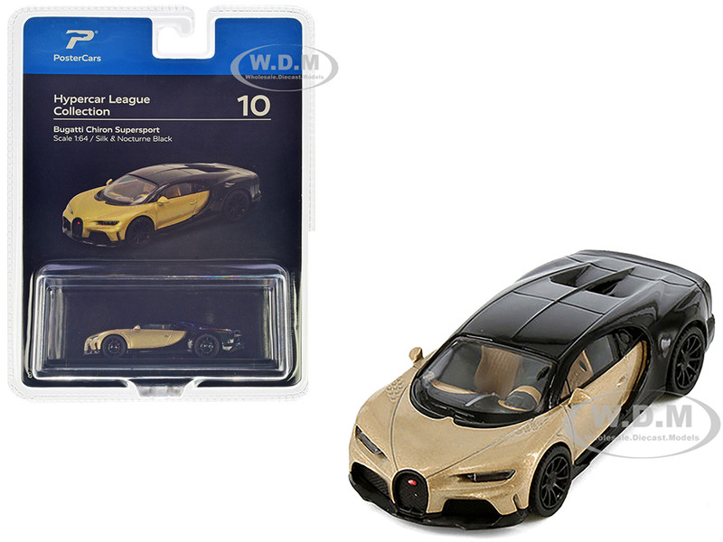 Bugatti Chiron Supersport Silk Gold Metallic and Nocturne Black Hypercar League Collection 1/64 Diecast Model Car PosterCars H10B
