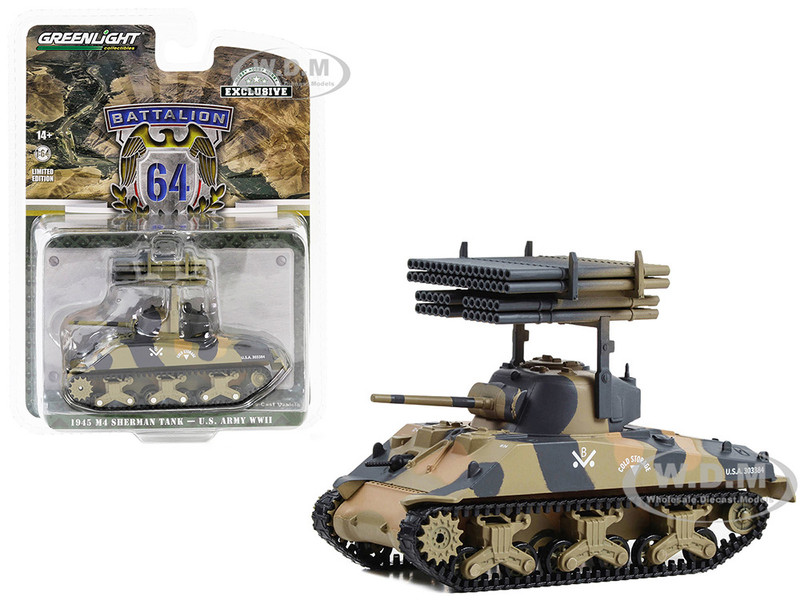 1945 M4 Sherman Tank 12th Armored Division Germany with T34 Calliope Rocket Launcher World War II United States Army Battalion 64 Hobby Exclusive Series 1/64 Diecast Model Greenlight 30441