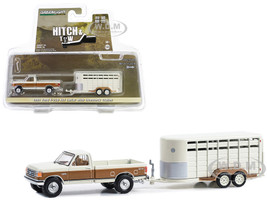 1991 Ford F 250 XLT Lariat Pickup Truck Colonial White and Desert Tan Metallic with Livestock Trailer Hitch & Tow Series 30 1/64 Diecast Model Car Greenlight 32300C