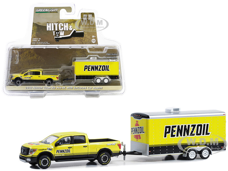 2018 Nissan Titan XD Pro 4X Pickup Truck Yellow with Enclosed Car Hauler Pennzoil Hitch & Tow Series 30 1/64 Diecast Model Car Greenlight 32300D