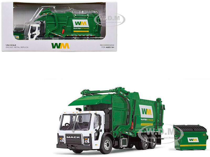 Mack LR Garbage Truck with McNeilus Meridian Front Load Refuse Body White and Green with Refuse Bin Waste Management 1/64 Diecast Model First Gear 60-1796D